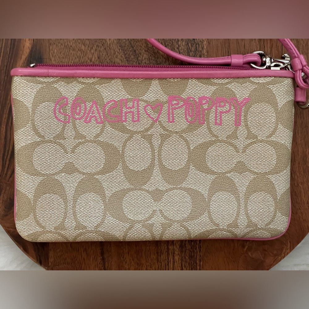 COACH Poppy Chan PINKY Signature Tan Coated Canvas Wristlet - Picture 4 of 7